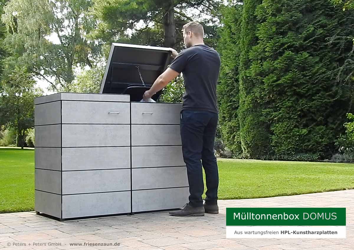 Moderner Mülltonnenschrank DOMUS für 120 + 240 Liter Abfalltonnen aus wartungsfreien HPL-Kunstharzplatten - 2 Stück Gasdruckfeder / Deckel