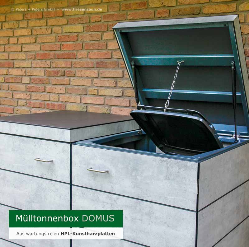Mülltonnenschrank DOMUS 120 Liter + 240 Liter -  Ausführung HPL Dekor Cloudy Cement - Moderner Tonnenschrank