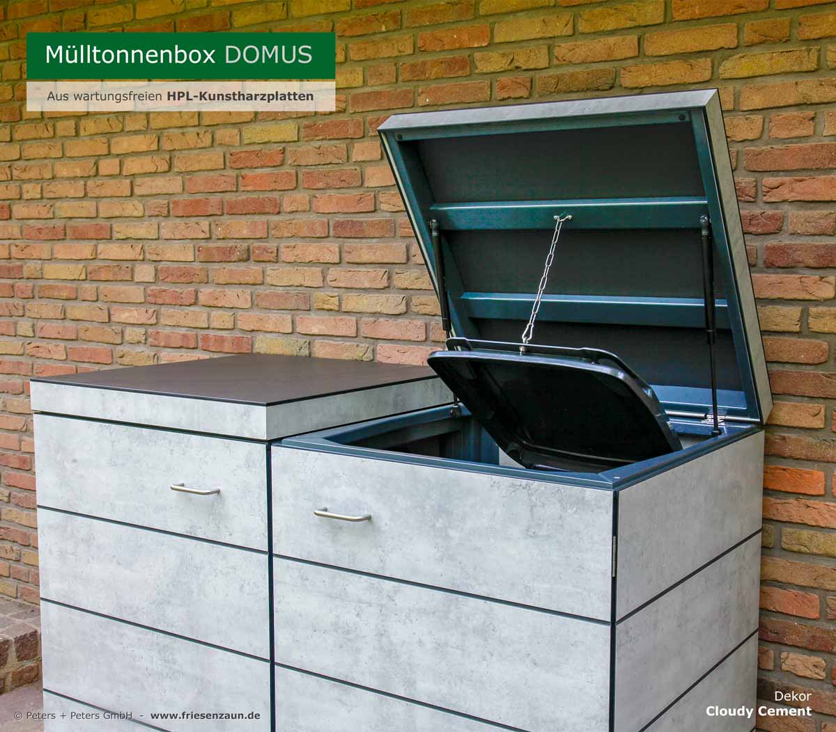 Designer Mülltonnenbox DOMUS für 120 + 240 Liter Abfalltonnen aus wartungsfreien HPL-Kunstharzplatten - 2 Stück Gasdruckfeder / Deckel