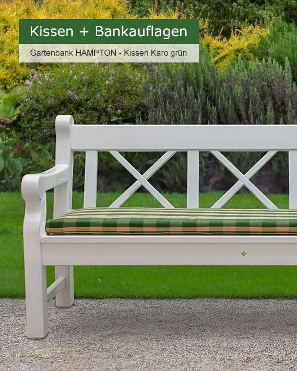 Kissen Karo grün auf  weißer 3er Gartenbank HAMPTON