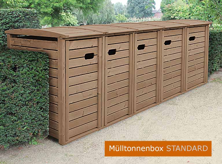 5er Mülltonnenverkleidung Holz 120 Liter - 240 Liter Müllbox Standard - braun gebeizt