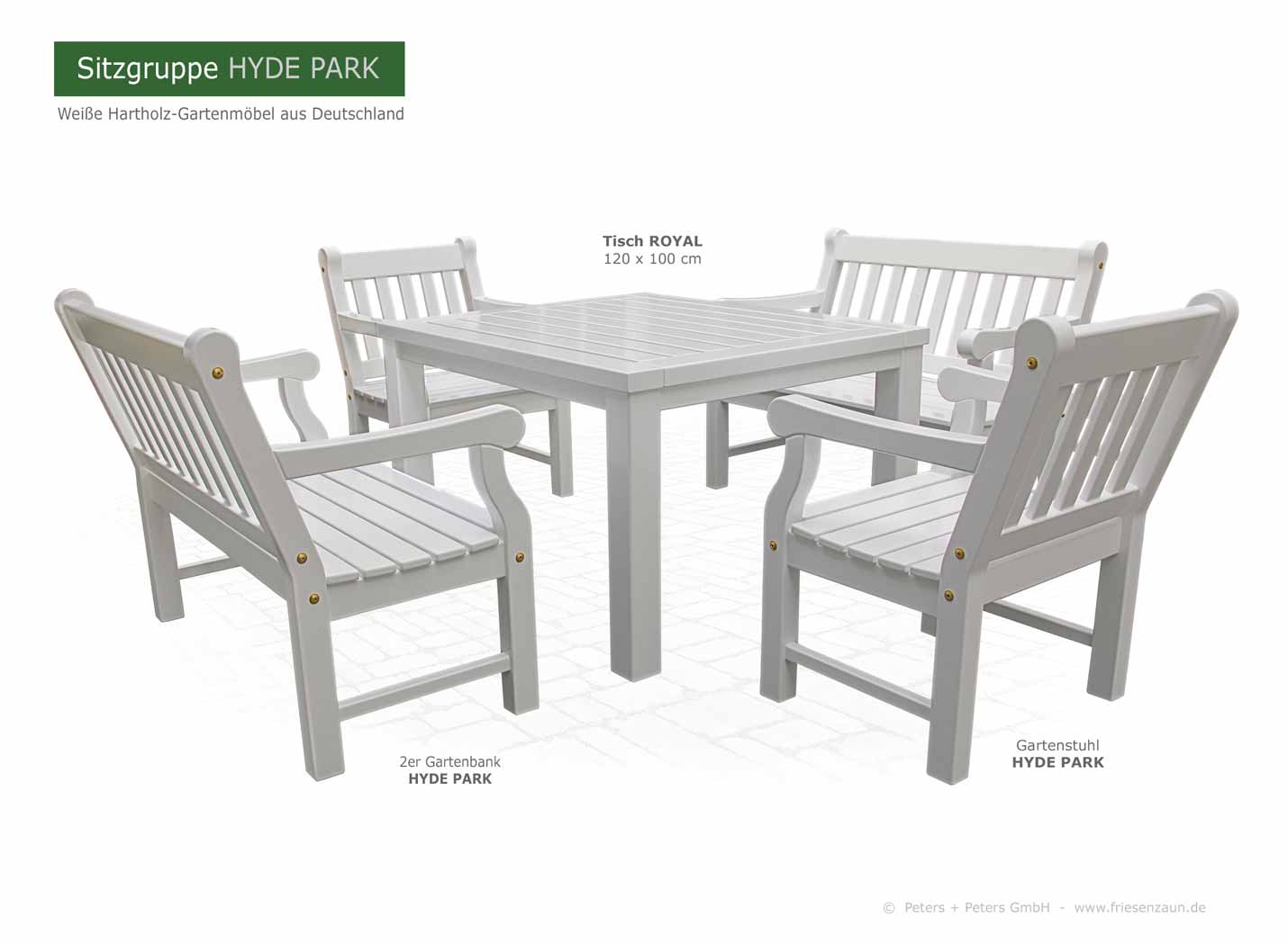 Gartenmöbel HYDE PARK aus ODUM-IROKO Hartholz weiß - 2 Gartenstuhl + 2 x 2er Gartenbank + Gartentisch 100 x 120 cm