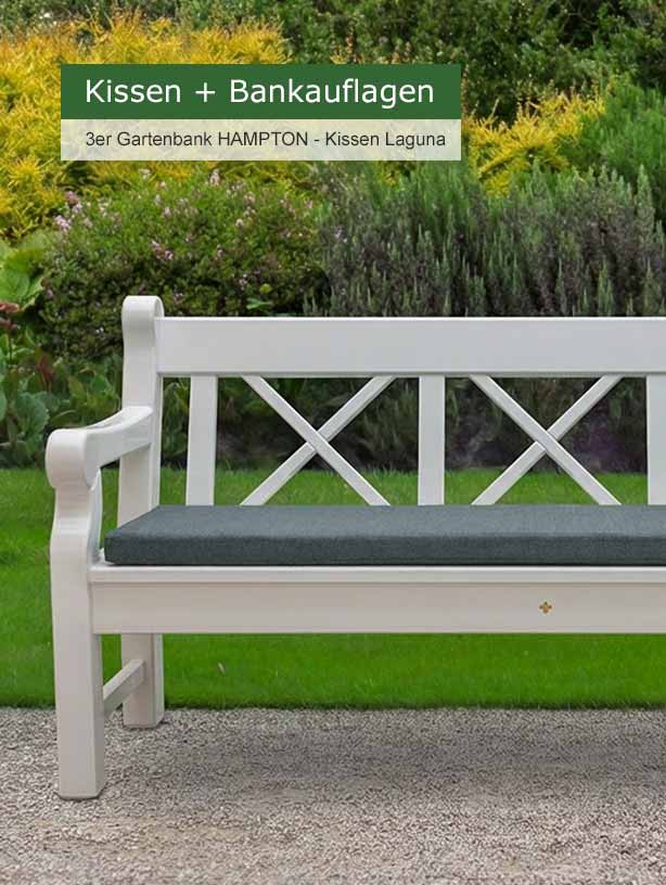 Kissen im Dessin Laguna auf  weißer 3er Gartenbank HAMPTON