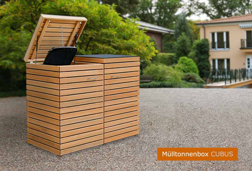 Moderne Mülltonnenboxen CUBUS für 120 + 240 Liter Abfalltonnen mit jeweils 2 Stück Gasdruckfeder / Deckel