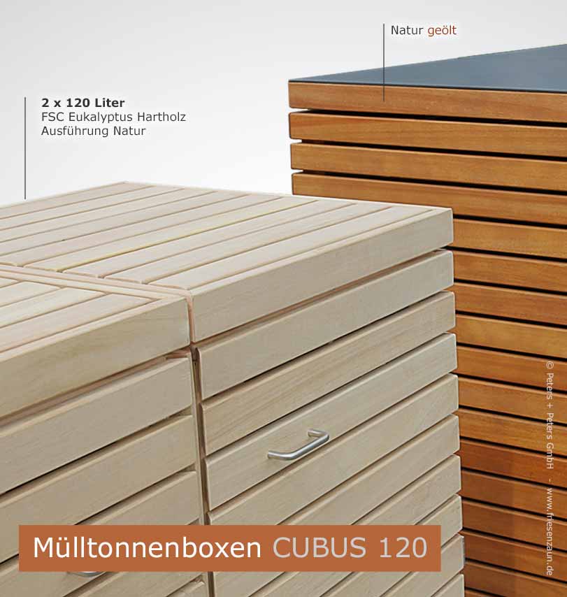 Vergleich Mülltonnenbox CUBUS Ausführung Natur und Natur geölt (Kastanie)