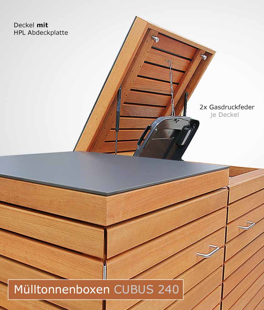Mülltonnenbox CUBUS 240 Natur geölt (Kastanie) - Abbildung mit HPL Abdeckplatte Deckel - Gasdruckfeder