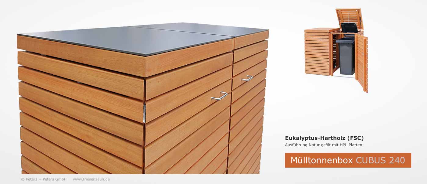 Mülltonnenbox CUBUS für 120 + 240 Liter Abfalltonnen - mit HPL-Abdeckplatte auf dem Deckel