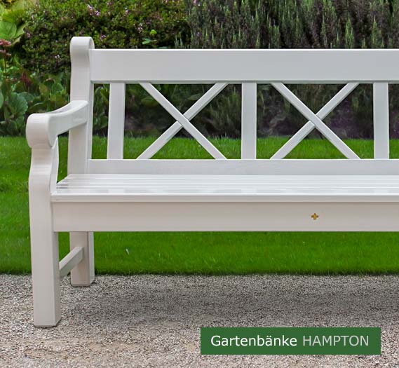 Englische Gartenbank - Weiße Holzbank HAMPTON aus extra massivem Hartholz -  25 Jahre Garantie