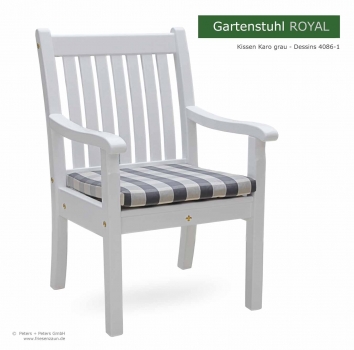 Weißer Gartensessel im klassischem Friesenstil mit Kissen Karo grau