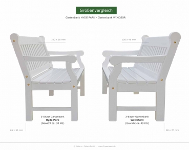 Vergleich Seitenansicht 3er Gartenbank HYDE PARK - 3er Gartenbank WINDSOR  Ausführung ODUM-IROKO Hartholz weiß lackiert