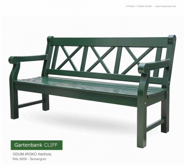 Grüne 3er Gartenbank aus ODUM-IROKO Hartholz - RAL 6009 Tannengrün - Holzgartenbank CLIFF