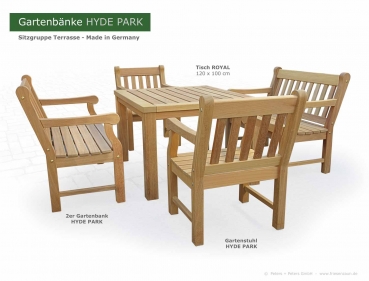 Gartentisch ROYAL 100 x 120 cm mit 2er Gartenbank HYDE PARK und Gartenstuhl HYDE PARK  - Ausführung Natur