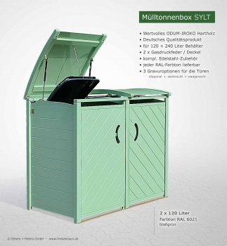 2er Mülltonnenhaus SYLT - Hartholz weiß lackiert - 120 + 240 Liter Mülltonnen - RAL lackiert