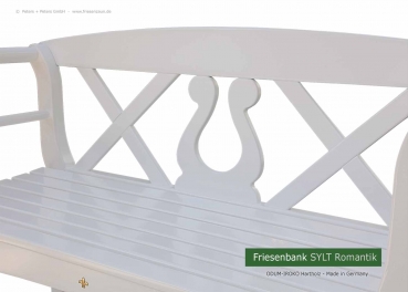 Weiße Friesenbank SYLT Romantik - Gesamtbreite 128 cm - Sitzbreite 100 cm - ODUM-IROKO Hartholz - Made in Germany mit  klassischer Lyra in der Rückenlehne