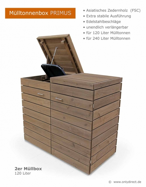 2er Müllbox PRIMUS - Asiatische Zeder (FSC)  - 2 x 120  Liter