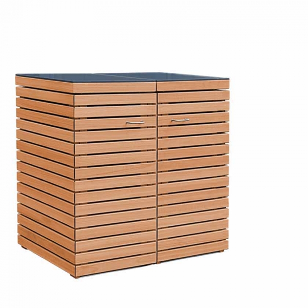 2 x 120 Liter Mülltoneneinhausung im Cubus-Design - astfreies FSC Hartholz - HPL Abdeckplatten