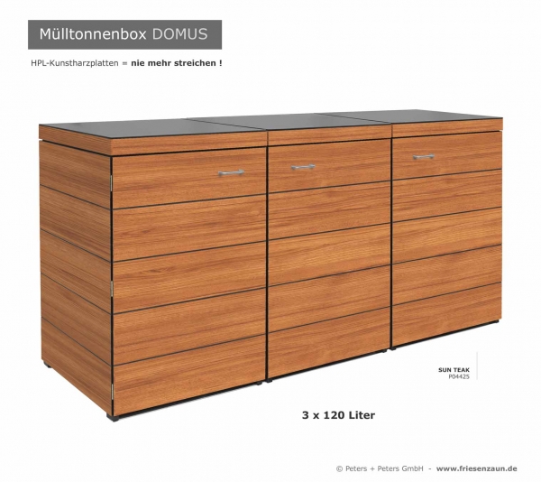 3er Mülltonnenbox DOMUS aus wartungsfreien HPL Dekor SUN TEAK - 120 Liter Mülltonnen - Dekor SUN TEAK
