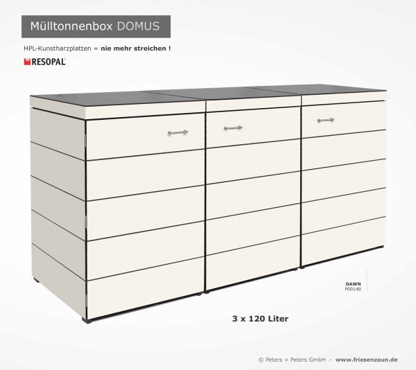 Weiße 3 x 120 Liter Müllbox DOMUS - HPL Dekor DAWN - nie mehr streichen !