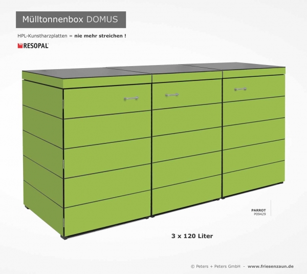 3er Mülltonnenbox aus wartungsfreien HPL Dekor  PARROT - 120 Liter Mülltonnen
