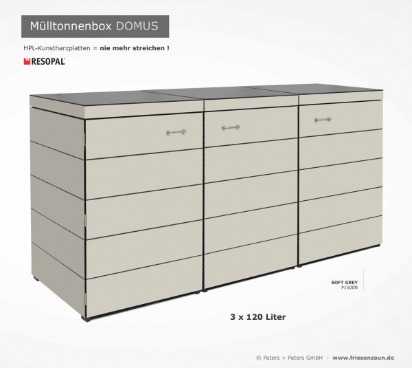 3 x 120 Liter Müllbox DOMUS - HPL Dekor SOFT GREY - nie mehr streichen !