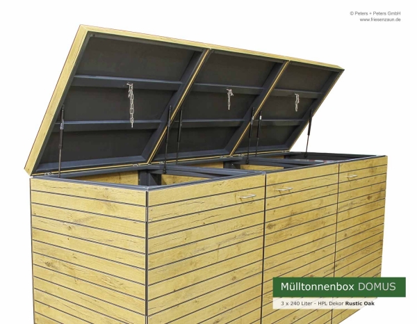 3 x 240 Liter Mülltonnenverkleidung DOMUS - Gravur small - HPL Dekor Rustic Oak (P04344)