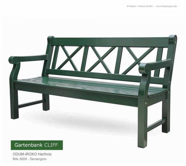 Grüne 3er Gartenbank aus ODUM-IROKO Hartholz - RAL 6009 Tannengrün - Holzgartenbank CLIFF