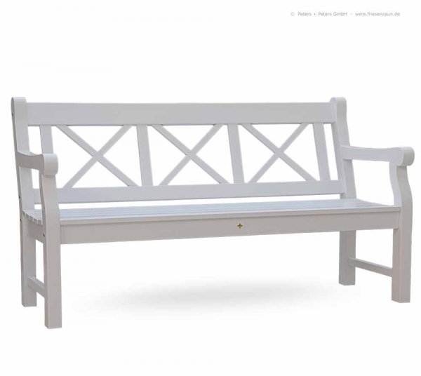 Englische Holzgartenbank CLIFF - 3-Sitzer Parkbank mit Kreuzen - ODUM-IROKO Hartholz weiß - Sitzbreite 150 cm