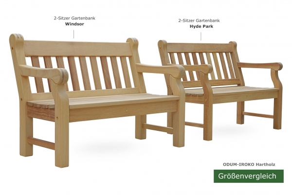 Größenvergleich 2er Holzbank WINDSOR mit 2er Holzbank Hyde Park