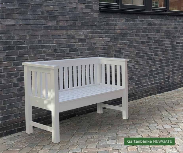 Elegante Holzbank NEWGATE - ODUM-IROKO Hartholz wetterfest weiß lackiert.