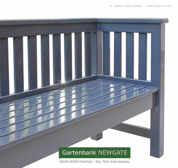 Moderne Eingangsbank Holzbank Gartenbank aus dauerhaftem ODUM-IROKO Hartholz - Serienfarbton Anthrazitgrau = RAL 7016