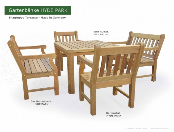 Gartentisch ROYAL 100 x 120 cm mit 2er Gartenbank HYDE PARK und Gartenstuhl HYDE PARK  - Ausführung Natur