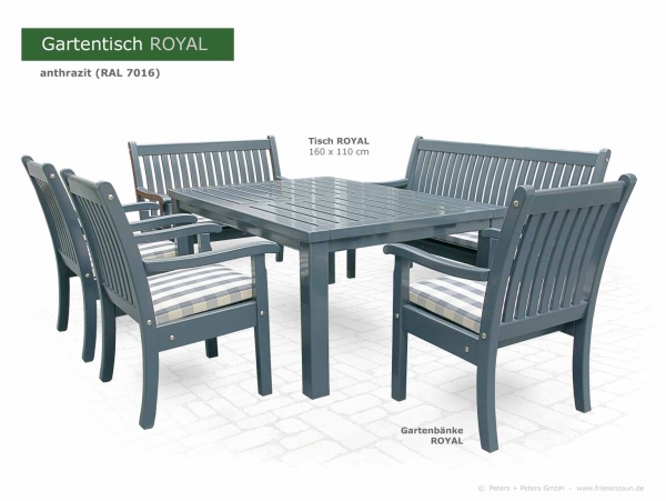 Gartenbänke ROYAL mit Gartentisch ROYAL - Hartholz anthrazit (RAL 7016) + Kissen Karo Grau