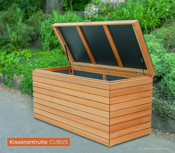 Kissenbox CUBUS aus astfreiem Eukalyptus Hartholz - Kissentruhe mit 2 Stück Gasdruckfeder / Deckel