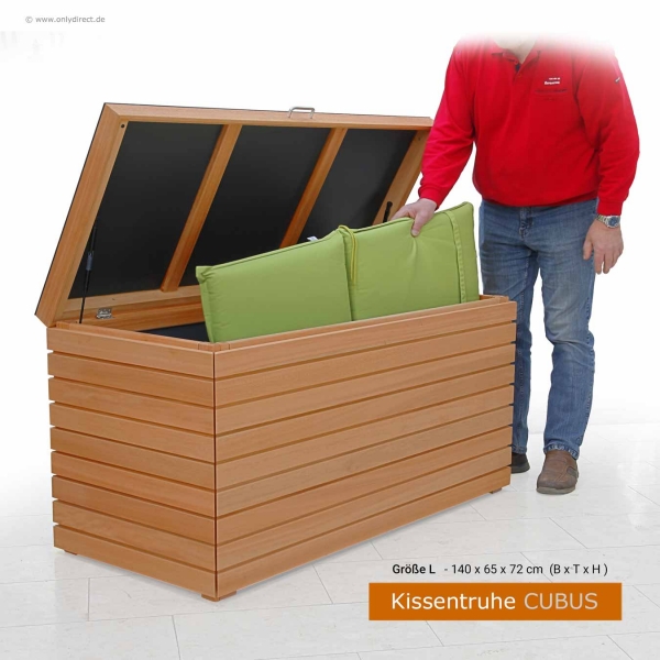 Kissentruhe CUBUS aus astfreiem Eukalyptus-Hartholz (FSC) - modernes Cubus-Design mit 2x Gasdruckfeder / Deckel.
