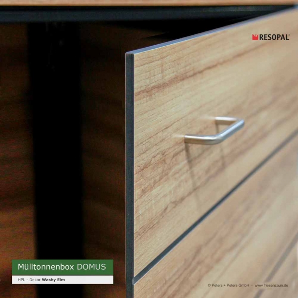Mülltonnenbox DOMUS - HPL Dekor Washy Elm - P04129 - Tür mit Edelstahlgriff