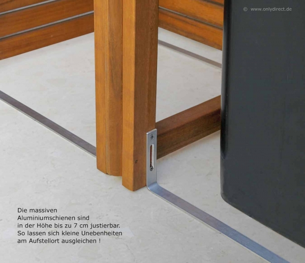 Durch die massive Aluminiumschiene sind kleine Unebenheiten im Boden ausgleichbar !