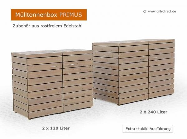 Vergleich 2 x 120 Liter Müllbox Primus mit 2 x 240 Liter Mülltonnenbox Primus