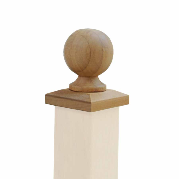 Pfostenabdeckung Kugel mit Fuß für Pfosten 9x9 cm aus astfreiem ODUM-IROKO Hartholz - 7fach verleimt - Natur.