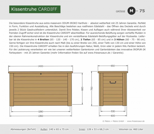 Kissentruhe CARDIFF - Größe M75 - Abmessungen